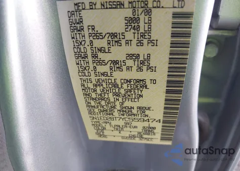 2000 Nissan Xterra Se/Xe из США, поврежденный, VIN 5N1ED28T7YC559474